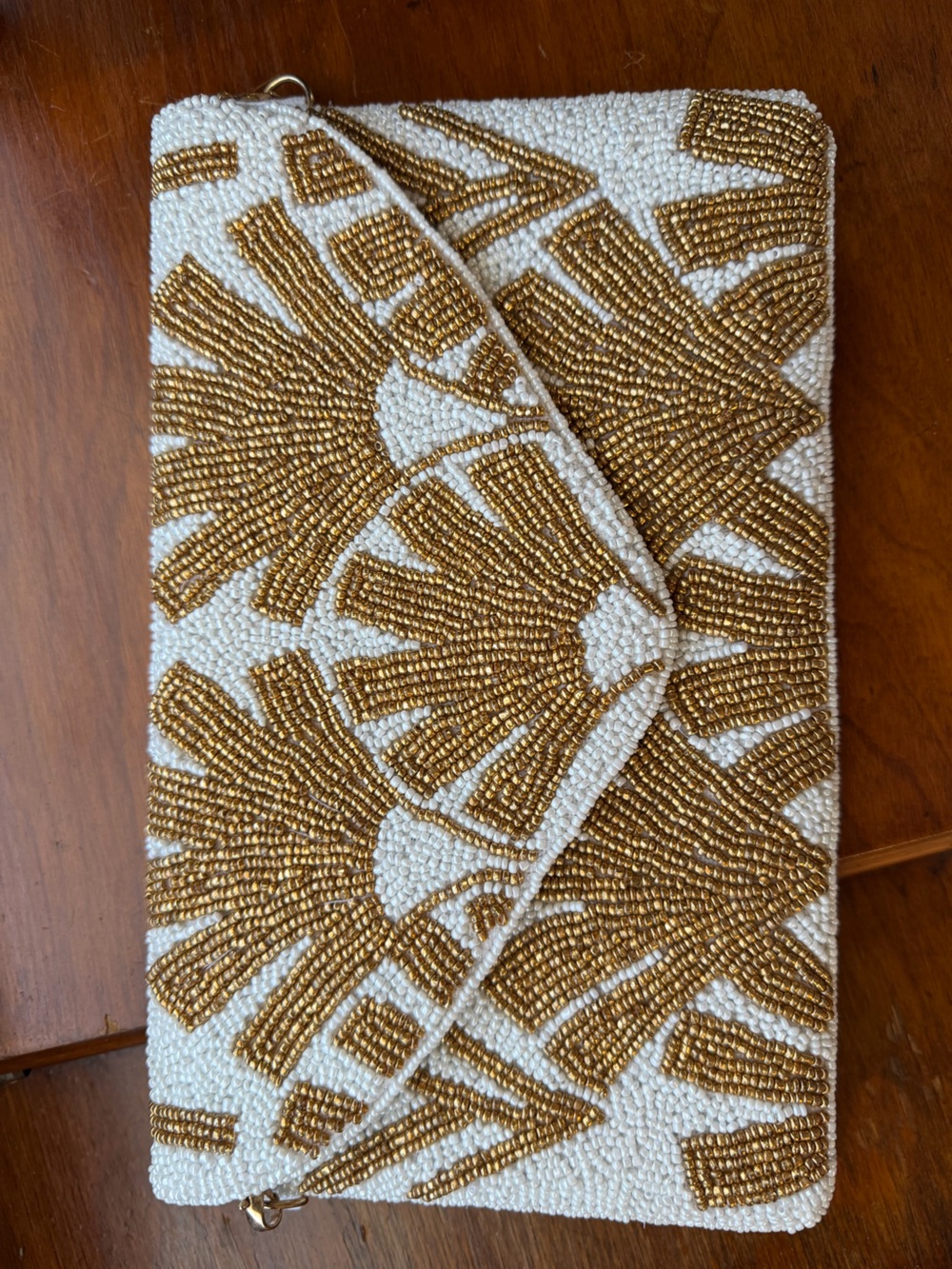 Gold & White Beaded Art Deco Envelope Clutch Crossbody Bag